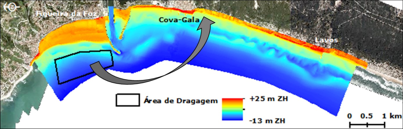 Figura 2. Localização da área de dragagem e transposição sedimentar com deposição a sul.
