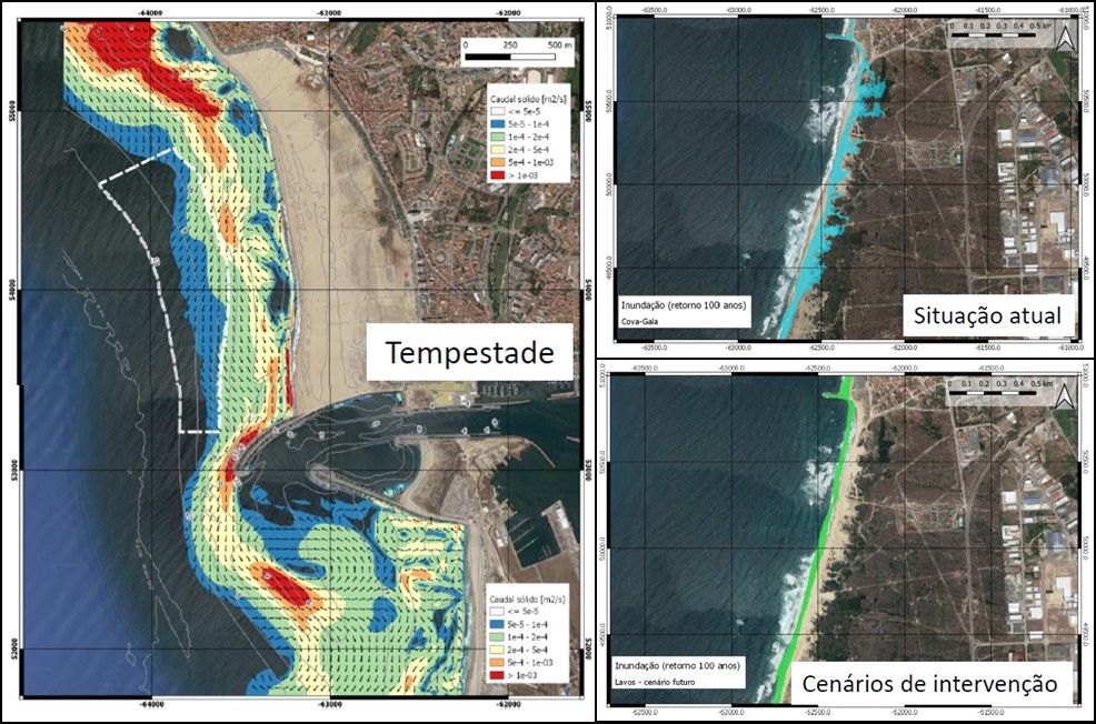 Figura 3. Exemplo dos resultados da modelação numérica com simulação das tendências de transporte sólido potencial com o XBEACH em situação de tempestade na Praia da Claridade e Barra; Modelação do galgamento costeiro com o XBEACH na situação atual e com um dos cenários de intervenção definidos (retirado de NEMUS/CONSULMAR/HIDROMOD, 2022).